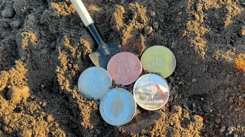 Bitcoin in soil in extraction. Ethereum, ETH coins mining in ground Stock Footage 269903278