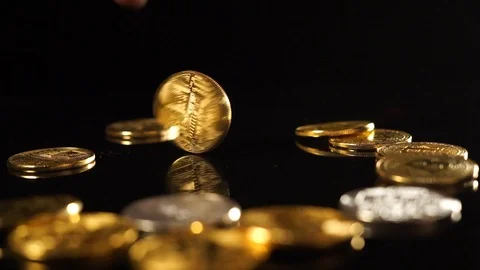Bitcoin spin on a black mirror table Stock Footage 92760847