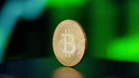 Bitcoin spinning around with green code bokeh in the background Stock Footage 231742539