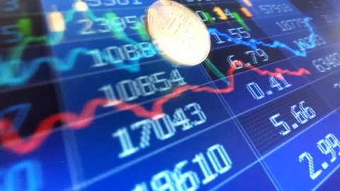Bitcoin spinning on a stock background in 4k Video stock 155356861