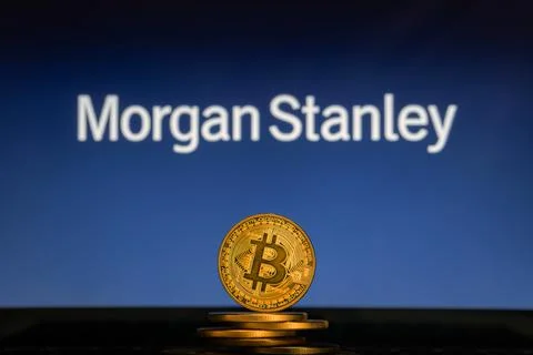Bitcoin on a stack of coins with Morgan Stanley logo on a laptop screen. Stock Photos