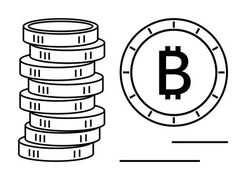 Bitcoin stack of coins next to single Bitcoin symbol coin with minimalistic.. Illustrazione stock