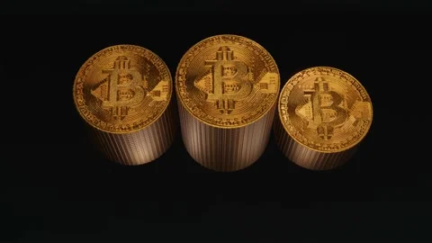 Bitcoin stack growth animation 4k black background camera tilt up Stock Footage 154408296