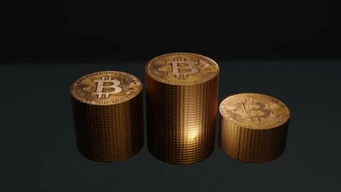 Bitcoin stack growth animation 4k black background camera tilt down Stock Footage 154408445
