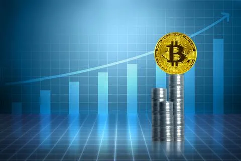 Bitcoin on the stack of silver coins 스톡 사진