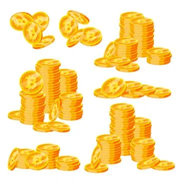 Bitcoin Stacks Set . Crypto Currency. Virtual Money. Gold Coins Stack. Business Stock Illustration