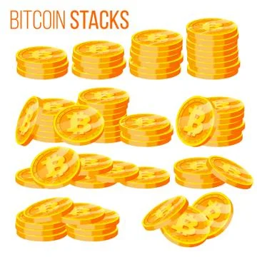 Bitcoin Stacks Set Vector. Crypto Currency. Virtual Money. Isolated Flat Cartoon Stock Illustration