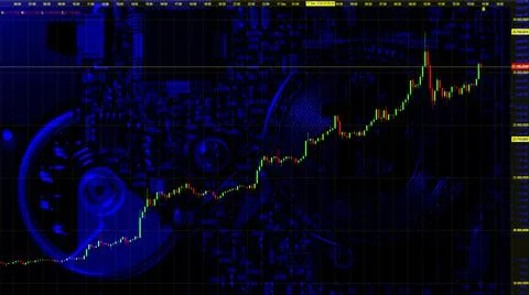 Bitcoin stock exchange course chart illustration with blue hard-drive closeup Stock Illustration