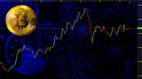 Bitcoin stock exchange course chart illustration with blue hard-drive closeup Stock Illustration