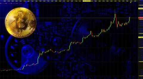 Bitcoin stock exchange course chart illustration with blue hard-drive closeup Stock Illustration