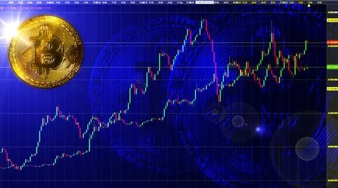 Bitcoin stock exchange course chart illustration with blue hard-drive closeup Stock Illustration