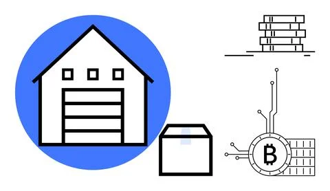 Bitcoin Storage Warehouse Concept with Blockchain and Technology Elements イラスト素材