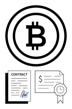 Bitcoin symbol above signed contract and financial certificate with seal in.. Ilustração Stock