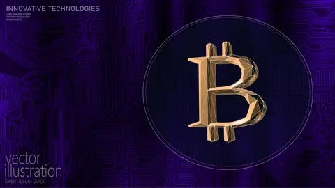 Bitcoin symbol on abstract circuit board cpu microchip. Golden currency crypto 스톡 일러스트