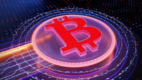 Bitcoin symbol on abstract dark technological background. Currency coin Stock Illustration