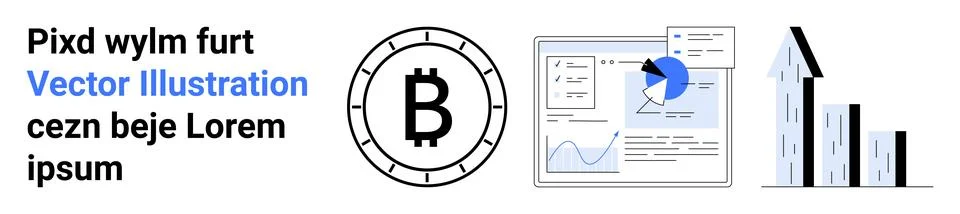 Bitcoin symbol, analytics dashboard with graphs and pie chart, and growth bar 스톡 일러스트