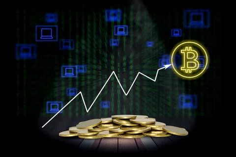 Bitcoin symbol and coins stack with lighting and smoke on wooden stage and .. Foto stock