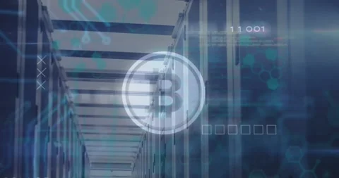 Bitcoin symbol and microprocessor connections against empty computer server room Vídeo Stock 196888682