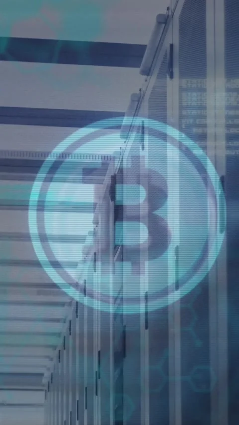 Bitcoin symbol and microprocessor connections against empty computer server room Vídeo Stock 342801696
