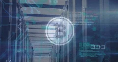Bitcoin symbol and microprocessor connections against empty computer server room Stockfoto's