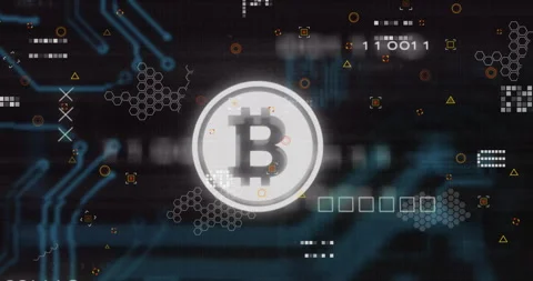 Bitcoin symbol with animation of digital network and binary code elements Stock Footage 303563650