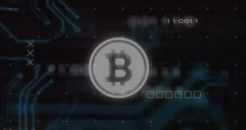 Bitcoin symbol with animation over digital network, binary code, circuit Stock Footage 305031798