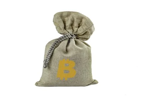 Bitcoin, the symbol is applied to a filled textile bag, isolate. Stock Photos