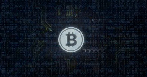 Bitcoin symbol with binary code and financial chart image Foto stock