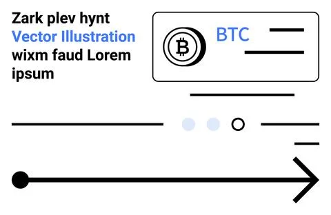 Bitcoin symbol in a box, text elements, and abstract lines in black and blue  Stock Illustration