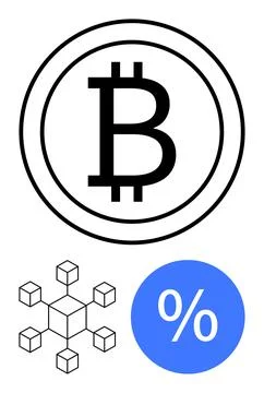 Bitcoin symbol in a circle, blockchain network, and percentage icon represe.. Stock Illustration