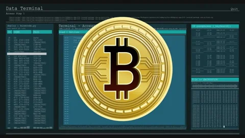Bitcoin symbol with coding elements in digital animation on terminal interface Stock Footage 306242793
