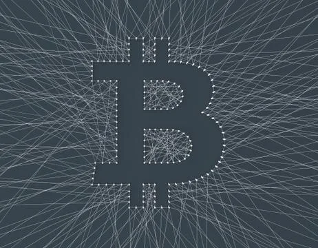 Bitcoin symbol composed of crossed lines, online financial technology Stock Illustration