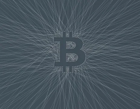 Bitcoin symbol composed of crossed lines, online financial technology Stock Illustration