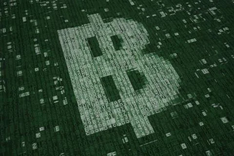 Bitcoin symbol consisting of digital blocks. Blockchain concept, 3D rendering イラスト素材
