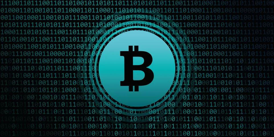 Bitcoin symbol crypto currency with binary code background Stock Illustration