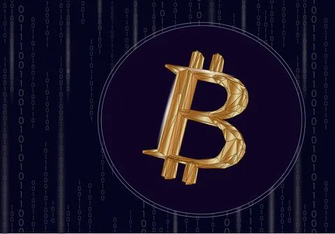 Bitcoin symbol on data flow binary code. Golden currency crypto currency banking Stock Illustration