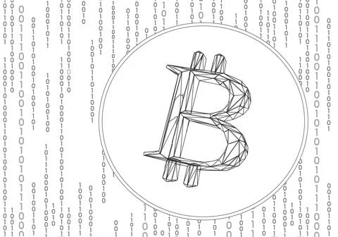 Bitcoin symbol on data flow binary code. Golden currency crypto currency banking Stock Illustration