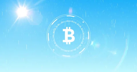 Bitcoin symbol with digital interface elements over blue sky background Stock Footage 307661889