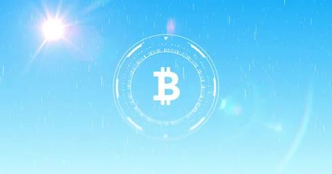 Bitcoin symbol with digital interface elements over blue sky background Stock Photos