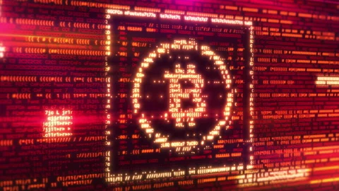 Bitcoin symbol emerging from code lines on computer screen Stock Footage 310583712