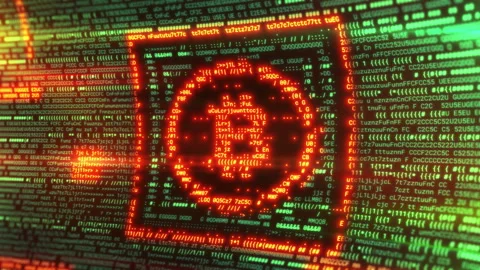 Bitcoin symbol emerging from programming code on screen Stock Footage 311213968