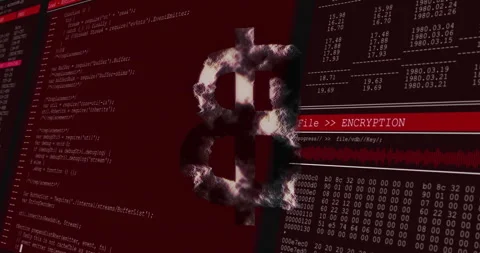 Bitcoin symbol with encryption text animation over computer code and data Stock Footage 303794303