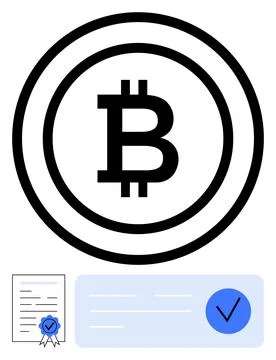 Bitcoin symbol in focus with official document and verified check mark repr.. Stock Illustration