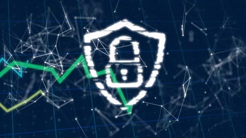 Bitcoin symbol glitching in 3D network space, overlaying downward trending line Stock Footage 309284556