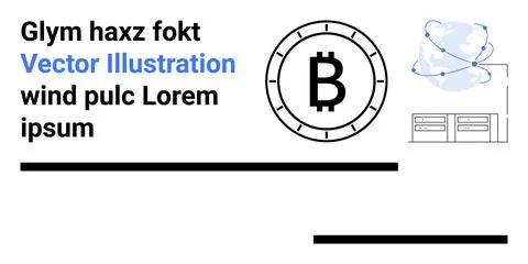 Bitcoin symbol, globe with connecting nodes, and data servers. Ideal for cryp Stock Illustration