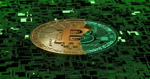 Bitcoin symbol on green tech background emission 3D illustration Illustrazione stock