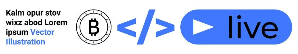 Bitcoin symbol, HTML code icon, and blue live button. Ideal for cryptocurrenc Stock Illustration