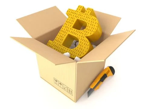 Bitcoin symbol inside cardboard box 스톡 일러스트