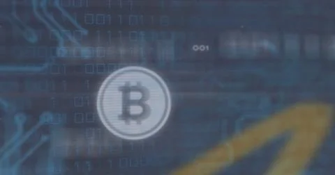 Bitcoin symbol inside circular ring floating over binary code and circuit Stock Photos