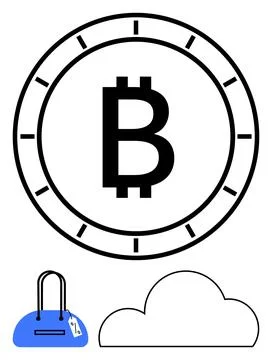Bitcoin symbol inside a clock suggests value over time, paired with a blue ha Ilustração Stock